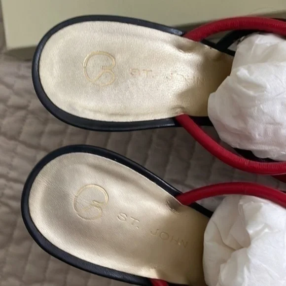 St. John leather mules strappy calypso navy red gold monogram - Picture 12 of 16